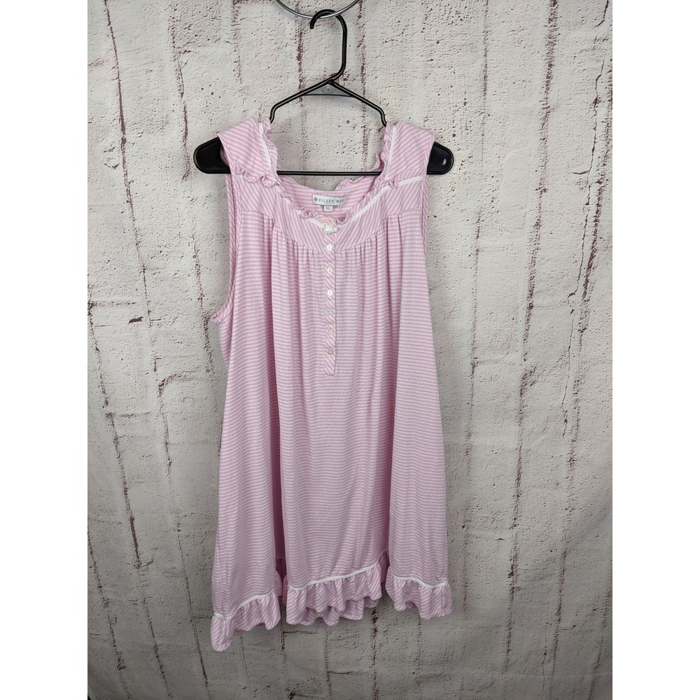 Eileen West Pink White Striped Ruffle Sleeveless Nightgown XL Flower Buttons